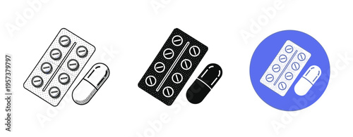 Black and white capsule and tablet icon variations on white and blue background