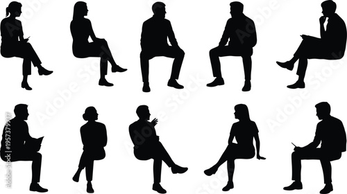 Silhouettes of diverse people sitting in conversation, business meeting discussion, interview poses, social interaction, isolated on white background, professional concept