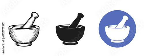 Set of three mortar and pestle icons in different styles and colors