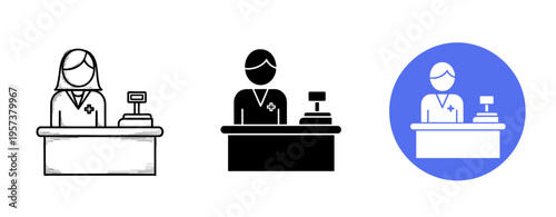 Set of cashier icons featuring male and female characters at checkout counters