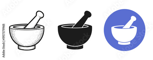 Mortar and pestle icons: vintage, solid, and modern styles