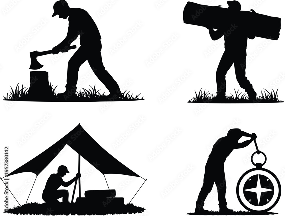 Obraz premium Outdoorsman Silhouettes: Chopping Wood, Carrying Logs, Setting Up Tent, Using Compass, Black And White