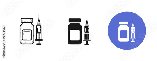 Medical vaccine icons: syringe and vial designs in black and white and blue circle