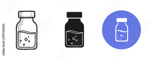 Set of vial jar icons with liquid: sketch, silhouette, and color variants