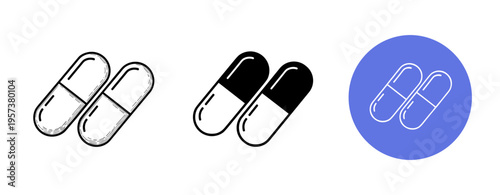 Monochrome capsule icons in sketch, solid, and circular styles