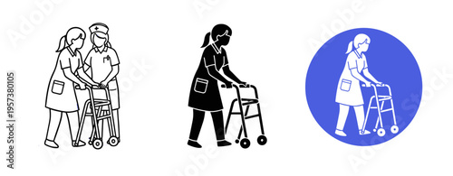 Female nurse assisting elderly asian woman with walker icons