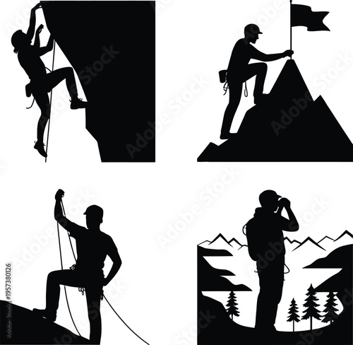 Mountain Climbing Silhouettes: Ascending Rock Face, Reaching Summit, Standing on Peak, Hiker with Binoculars, Black And White