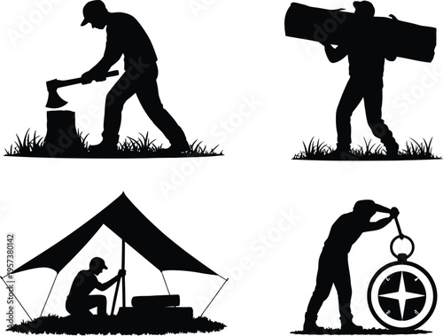 Outdoorsman Silhouettes: Chopping Wood, Carrying Logs, Setting Up Tent, Using Compass, Black And White