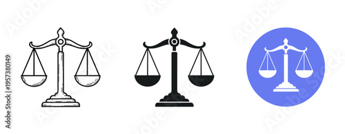 Black and white justice scales icons set on white background