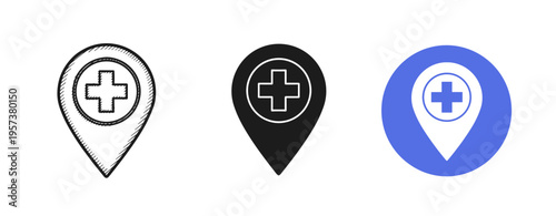 Set of three medical location pin icons with cross symbols in different styles