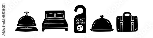 Set of black hotel and hospitality silhouette icons including a reception bell, bed, do not disturb hanger, room service cloche, and suitcase. Ideal for travel, tourism, and lodging concepts.