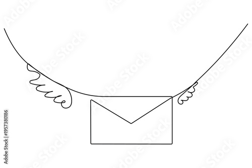 A minimalist continuous one line drawing of a flying envelope with wings, symbolizing fast delivery, electronic mail, and freedom of communication on a clean white background.