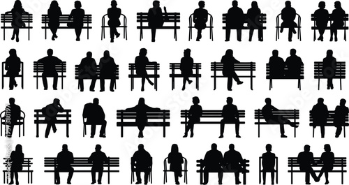 Silhouettes of people sitting on park benches, diverse human poses, public seating, social interaction, isolated on white background, lifestyle concept