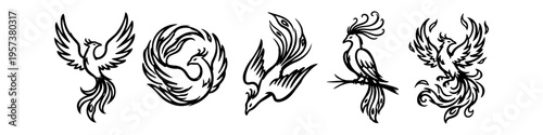 Set of five black and white phoenix line art illustrations. Minimalist mythical fire bird designs in various dynamic poses, perfect for tattoos, logos, and graphic design elements.