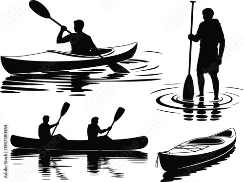 Kayaking and Canoeing Silhouettes: Active Lifestyle on Water, Solo and Tandem Paddling in a Dynamic Composition, Water Sports