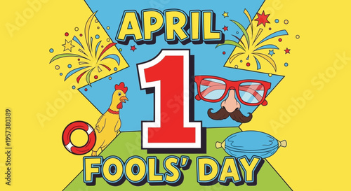 Retro pop art April Fools' Day design with chicken, novelty glasses and mustache, isolated on transparent background