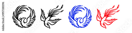 Set of stylized phoenix logo icons in black, blue, and red colors. Tribal bird silhouettes featuring circular and flying designs, perfect for emblems, tattoos, and graphic design elements.