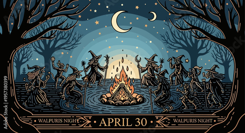 Witches performing a ritual around a bonfire on Walpurgis Night, April 30, isolated on transparent background
