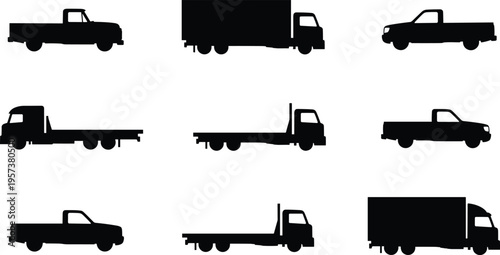 Trucks, silhouettes, vector, set, pickup, delivery, transport, cargo, black, vehicles, logistics, transport, industry, illustration, isolated, collection, commercial, design, automotive, fleet