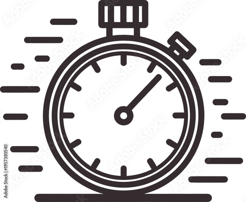 A minimalist black and white line art icon of a stopwatch with motion lines indicating speed and time.