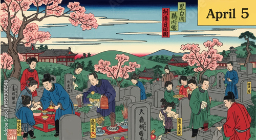 Traditional Japanese cemetery scene with families visiting graves and cherry blossoms in bloom, isolated on transparent background
