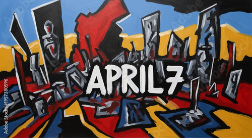 Abstract expressionist painting with 'APRIL 7' text, depicting fragmented structures and vibrant colors, isolated on transparent background