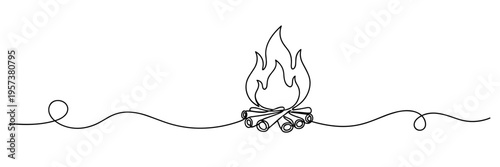 Campfire flames drawn in continuous line on white background, none editable strokes