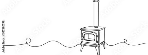 Wood stove standing idle in continuous line drawing, none editable strokes