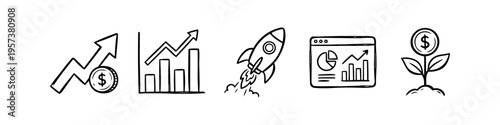 Set of hand-drawn business growth doodle icons including a rocket, financial charts, and a money plant, representing startup success, investment, and progress in a minimalist sketch style.
