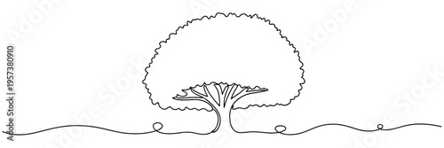 Broad canopy tree standing over ground in single line style, none editable strokes