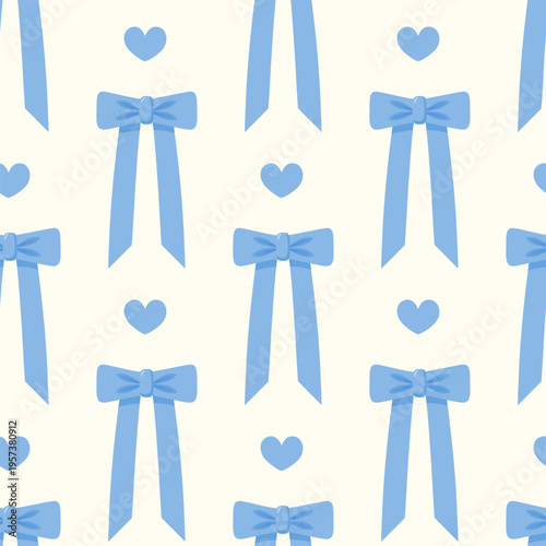 Blue bow and heart, seamless pattern. Vector illustration. Decor, accessory.