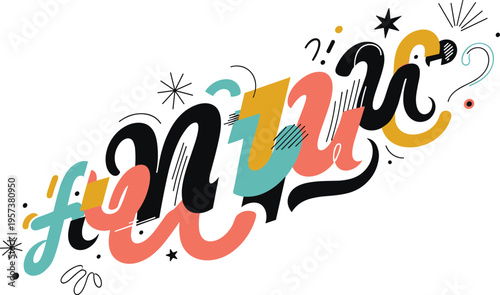 Thank You Lettering Typography Design with Colorful Hand Drawn Script, Decorative Elements, and Modern Calligraphy Style for Greeting and Appreciation Projects.