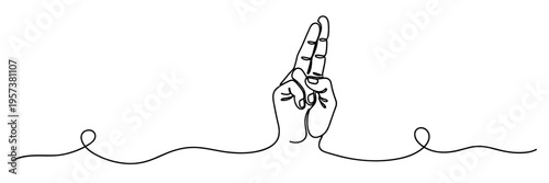 Hand showing crossed fingers in continuous line on white background, none editable strokes