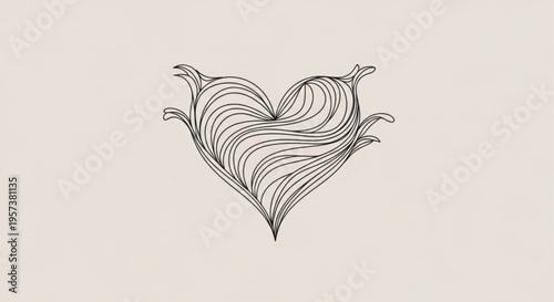Intricate black line art heart shape with swirling patterns on beige background symbolizing love and emotion in a minimalist style