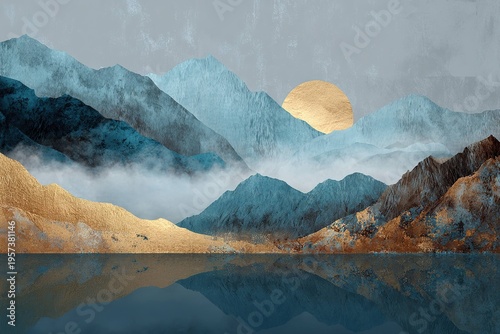 premium illustration of serene mountain landscape in gold foil
