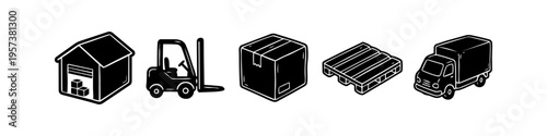 Hand-drawn logistics icon set featuring warehouse, forklift, cardboard box, wooden pallet, and delivery truck. Minimalist black ink doodle style for shipping, storage, and commerce.