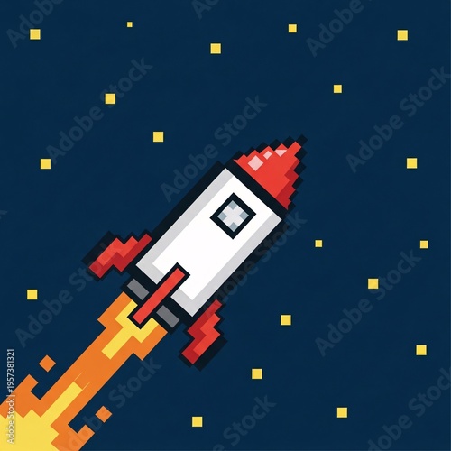 Pixel art of a rocket ship blasting off into space with stars.