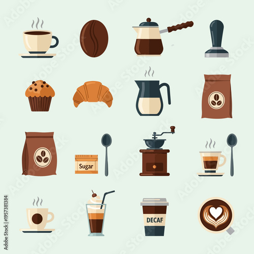 Vector graphics of coffee and fast food icons for designs