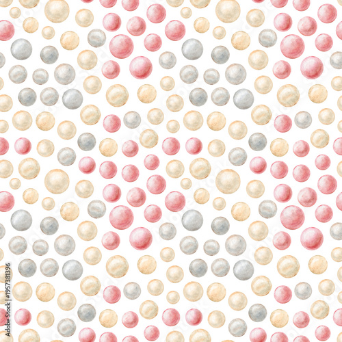 Pearl, watercolor seamless pattern. Abstract background of multicolored beads and balls.