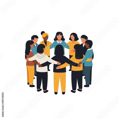 Diverse group of people standing in a circle with arms around each other