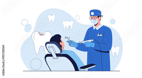 Dentist examining patient in chair with dental tools and teeth illustration