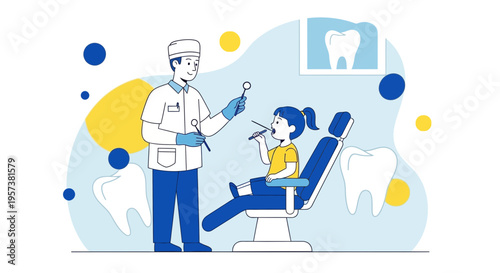 Dentist examining child's teeth in a dental chair, illustration
