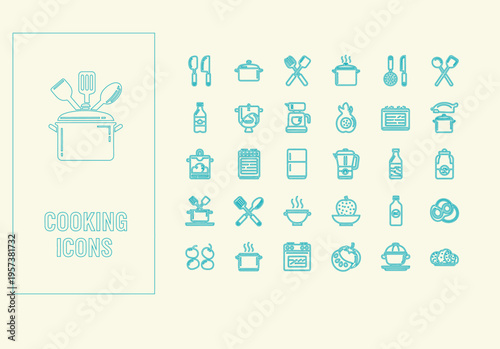 Turquoise cooking and kitchen utensil icons on a light background with collection covers essential
