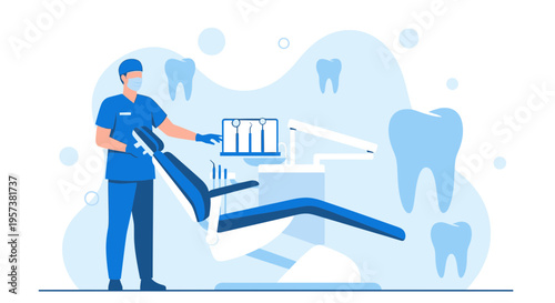 Dentist in uniform with dental chair and tools, modern dental clinic interior, healthcare concept