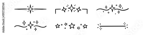 Collection of six hand-drawn minimalist star dividers and decorative line borders. Elegant black ink star flourishes and sparkly dividers for wedding invitations and stationery design.