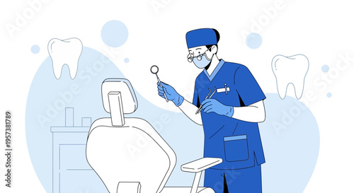 Dentist in uniform with dental tools in front of chair, teeth illustration