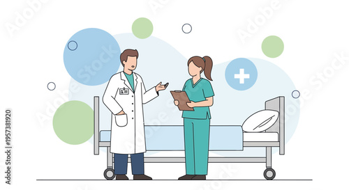 Doctor and nurse discussing patient care next to hospital bed, medical consultation