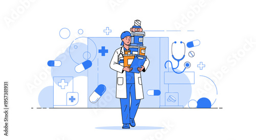 Doctor carrying stack of medicine bottles and pills, healthcare concept