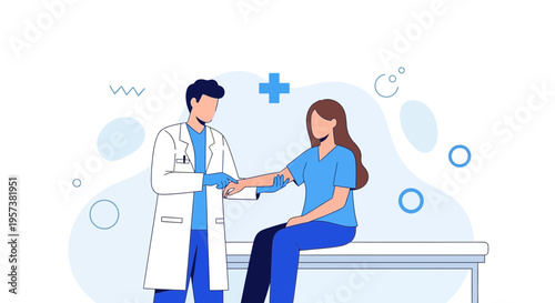 Doctor checking patient's arm, medical examination, healthcare concept, blue and white illustration