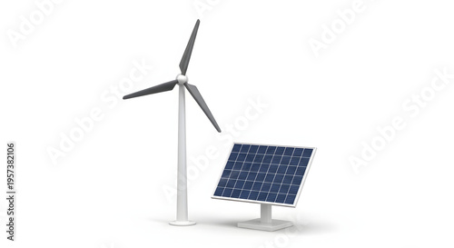 A miniature modern wind turbine standing next to a small solar panel, isolated on a pure white background, crisp 3D render, eco-friendly concept.
